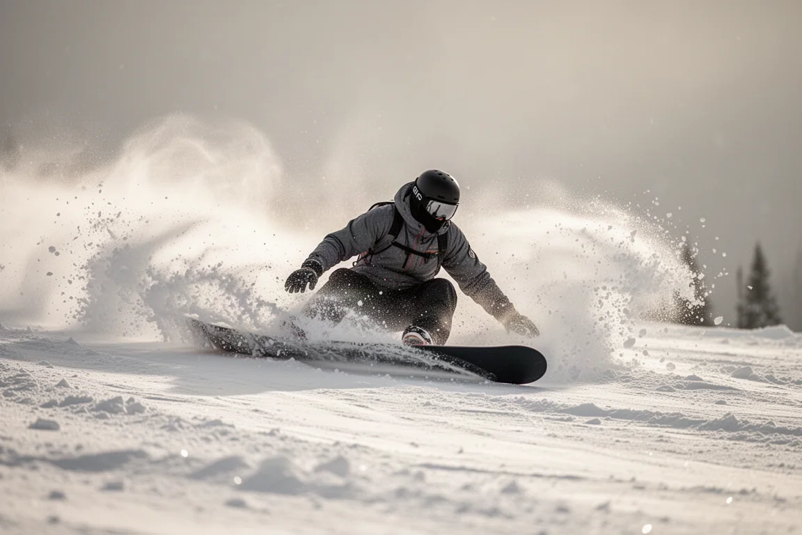 Snowboarder wykonujący głęboki Euro carve na popołudniowym, rozmarzającym stoku