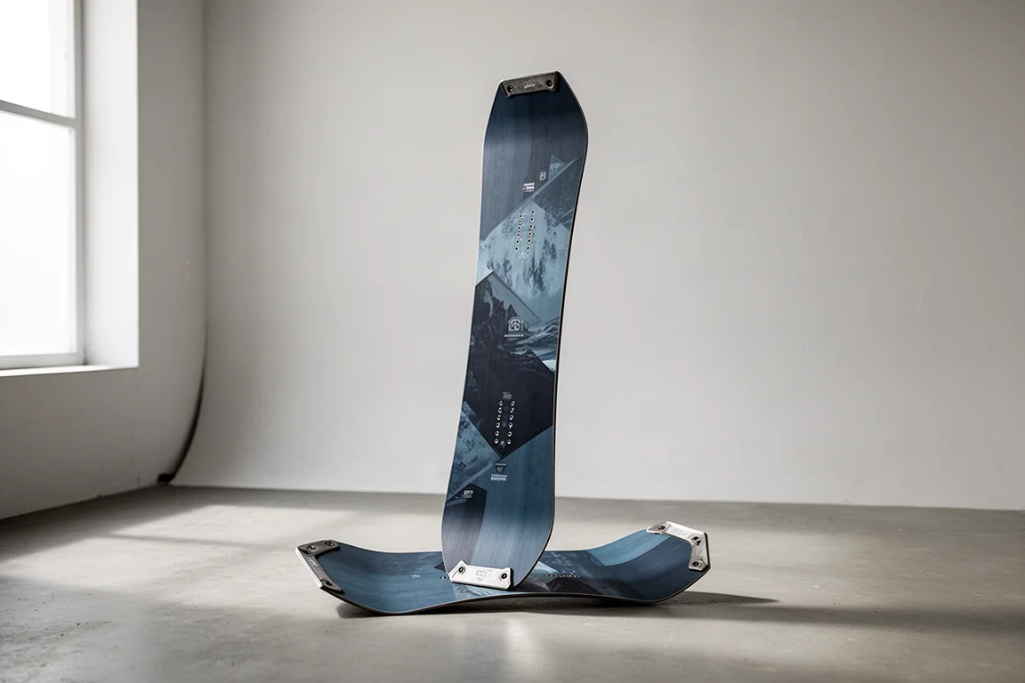 Deska snowboardowa Never Summer V Twin stojąca pionowo z symetrycznymi, freeridowymi tipami