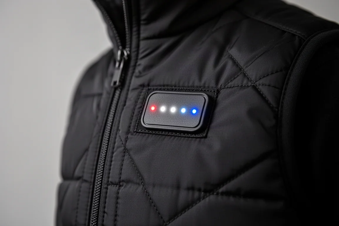 Bouton de commande du gilet chauffant avec voyants lumineux sur la poitrine
