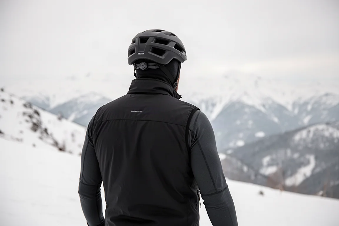 Skieur en gilet debout sur une pente enneigée sous une lumière voilée et douce