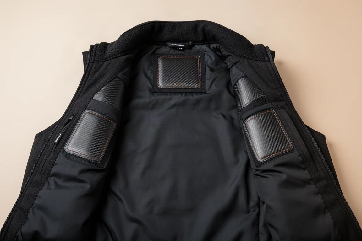 Éléments chauffants en fibre de carbone visibles dans la doublure ouverte d'un gilet chauffant