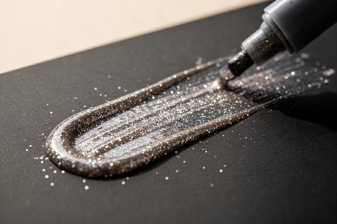 Glitterpennans bläck fångar ljuset i tätt glittrande glans över en mörk yta