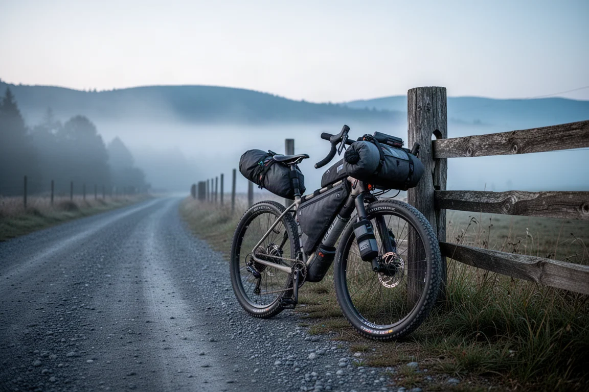 Beladenes Bikepacking-Rad lehnt im Morgengrauen an einem Zaunpfosten auf einer Schotterstraße