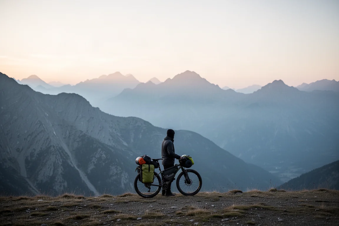 Bikepacker mit beladenem Rad pausiert bei Sonnenaufgang an einem Gebirgspass