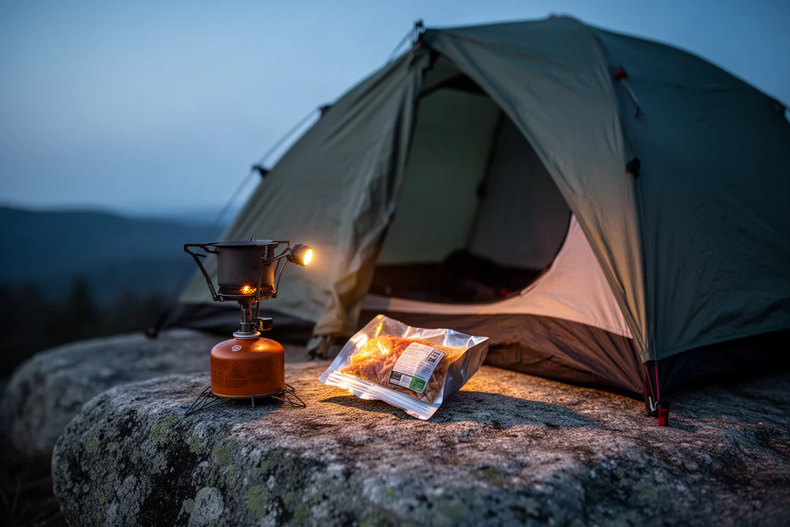 Kleiner Campingplatz in der Abenddämmerung mit Kocher, Essensbeutel und leuchtendem Zelt