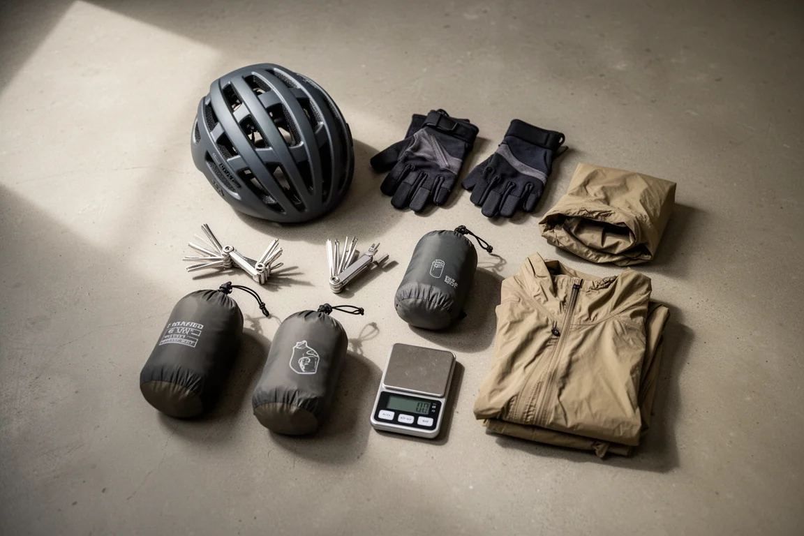 Von oben fotografierte Bikepacking-Ausrüstung, die auf einem Betonboden sortiert wird