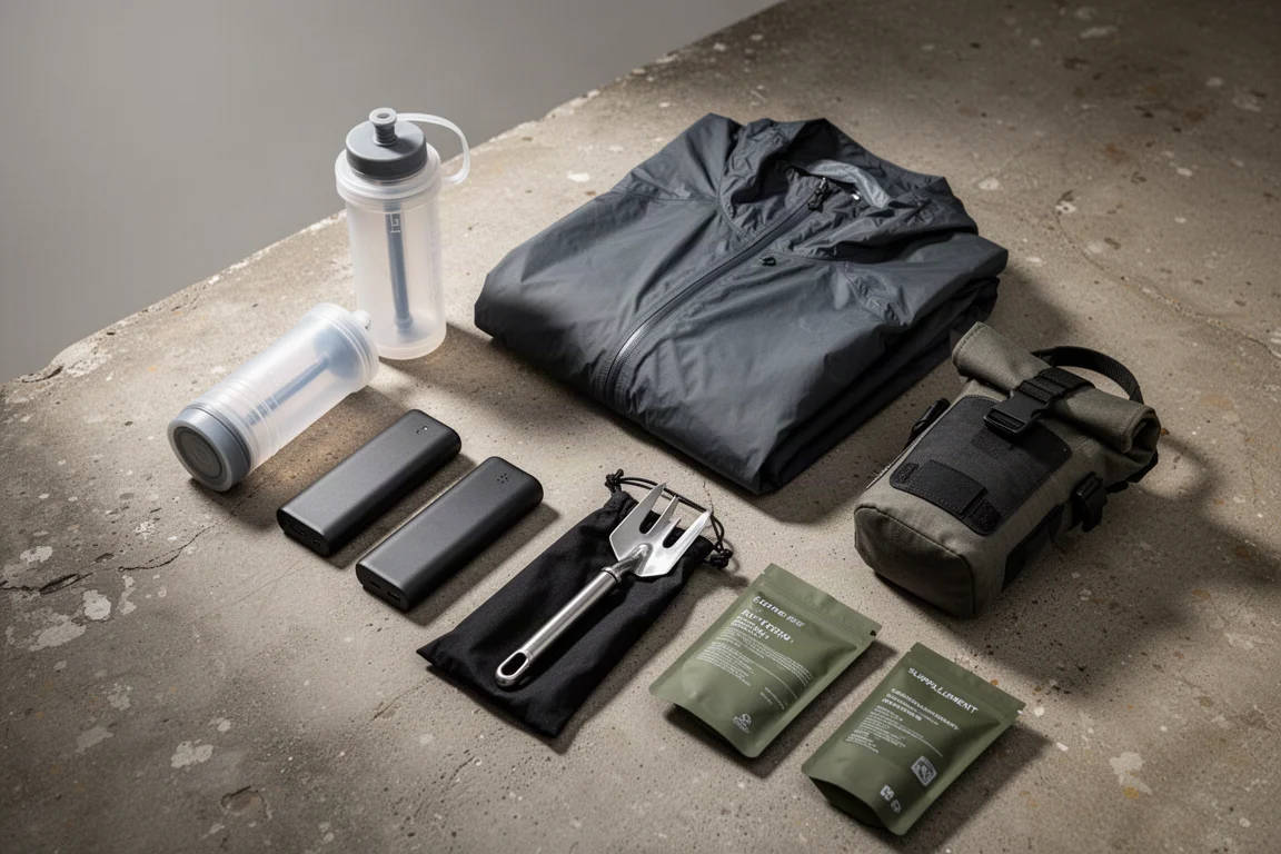Overhead arrangement of bikepacking gear including filter flask, power banks, rain shell, and bags