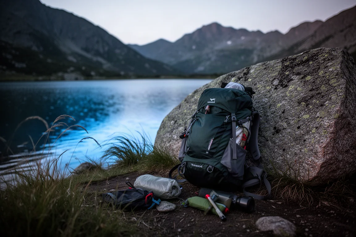 Zaino ultralight carico appoggiato a un masso accanto a un lago di montagna al crepuscolo