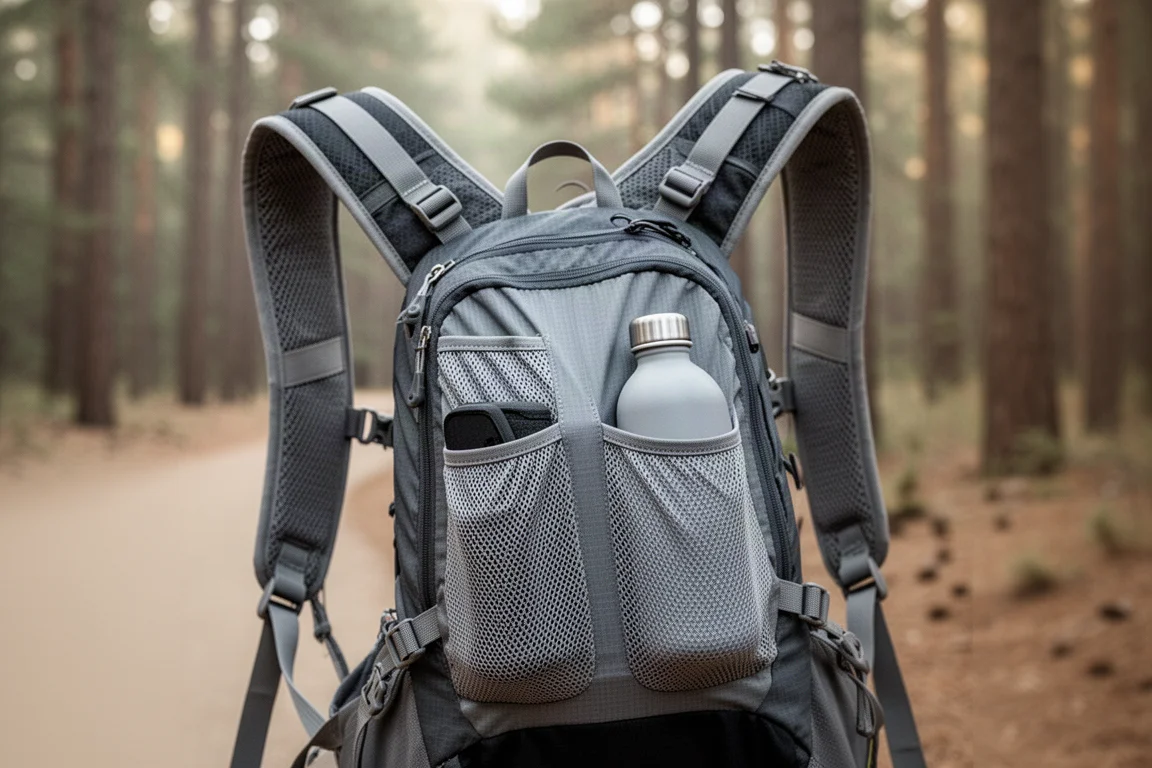 Primo piano di ampi spallacci stile gilet con tasche elastiche su uno zaino