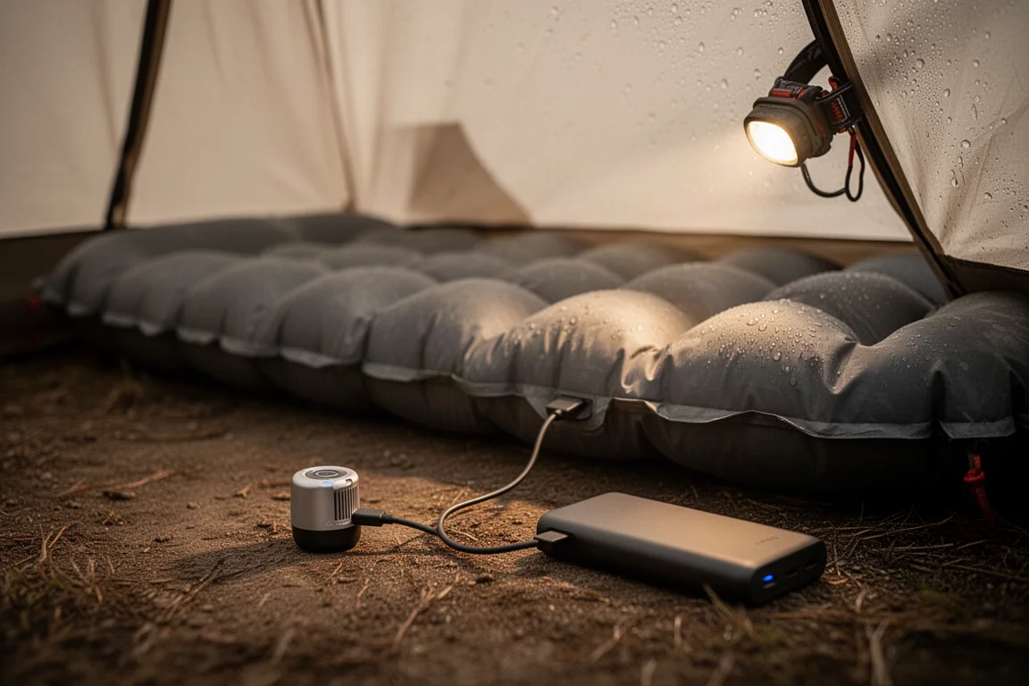 Piccola pompa collegata a un power bank sul fondo di una tenda accanto a un materassino gonfio