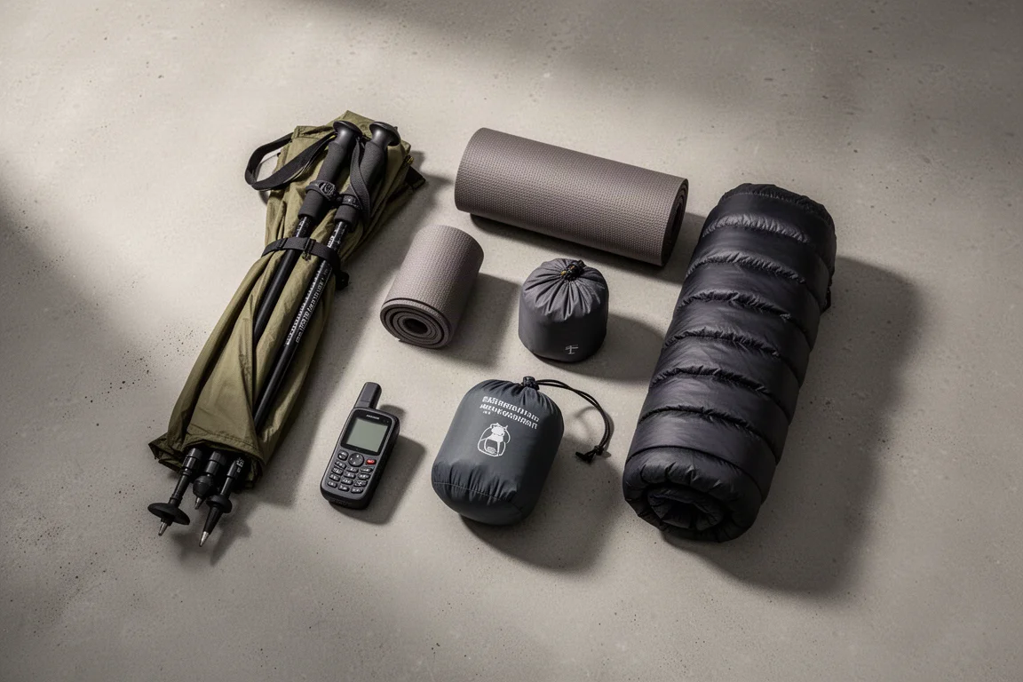 Overhead flat-lay of ultralight backpacking gear on a matte concrete surface