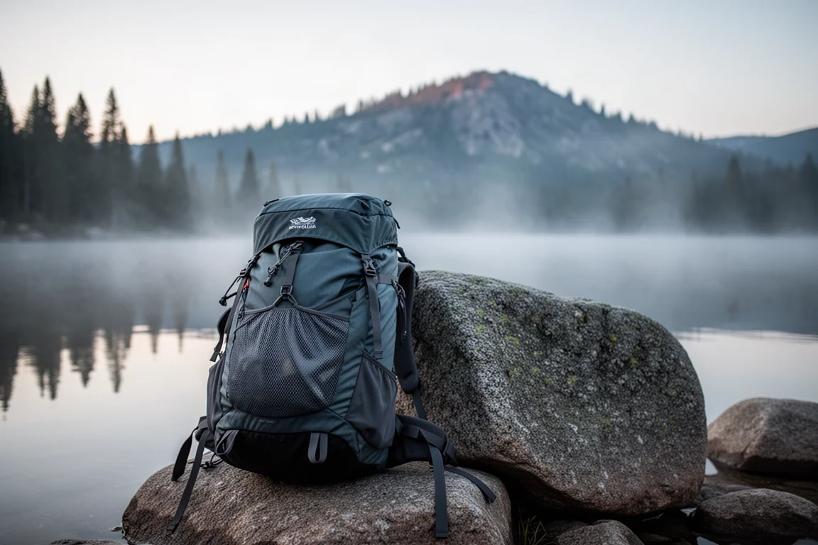 Sac à dos de randonnée chargé posé sur un rocher au bord d'un lac alpin brumeux à l'aube