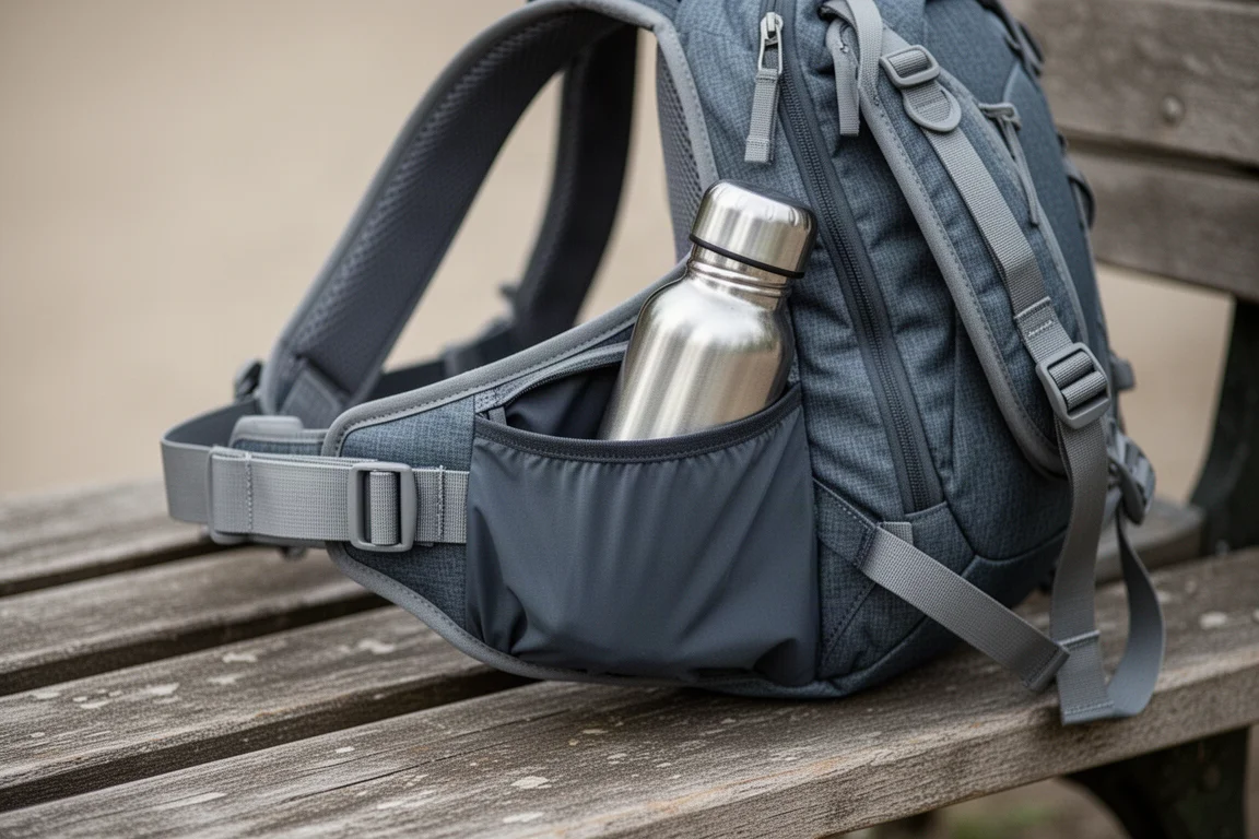Ceinture ventrale d'un sac à dos de jour et poche latérale à bouteille avec une bouteille qui glisse en place