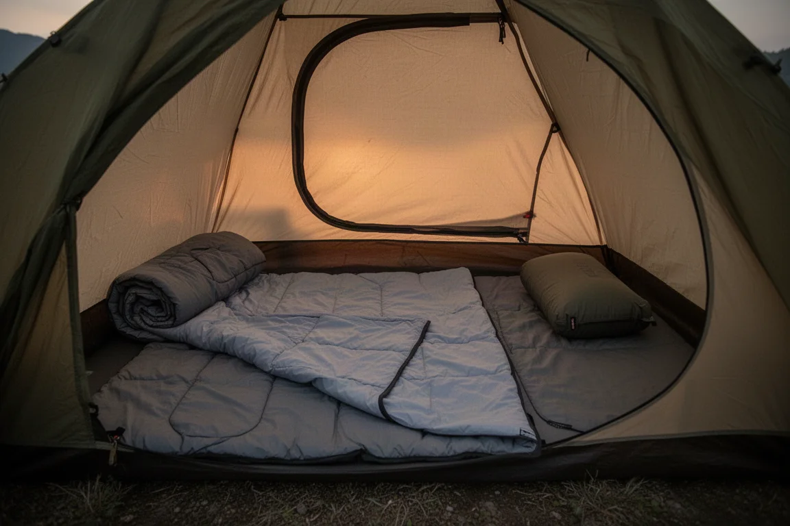 Couette de couchage et drap complet déployés à l'intérieur d'une petite tente au crépuscule