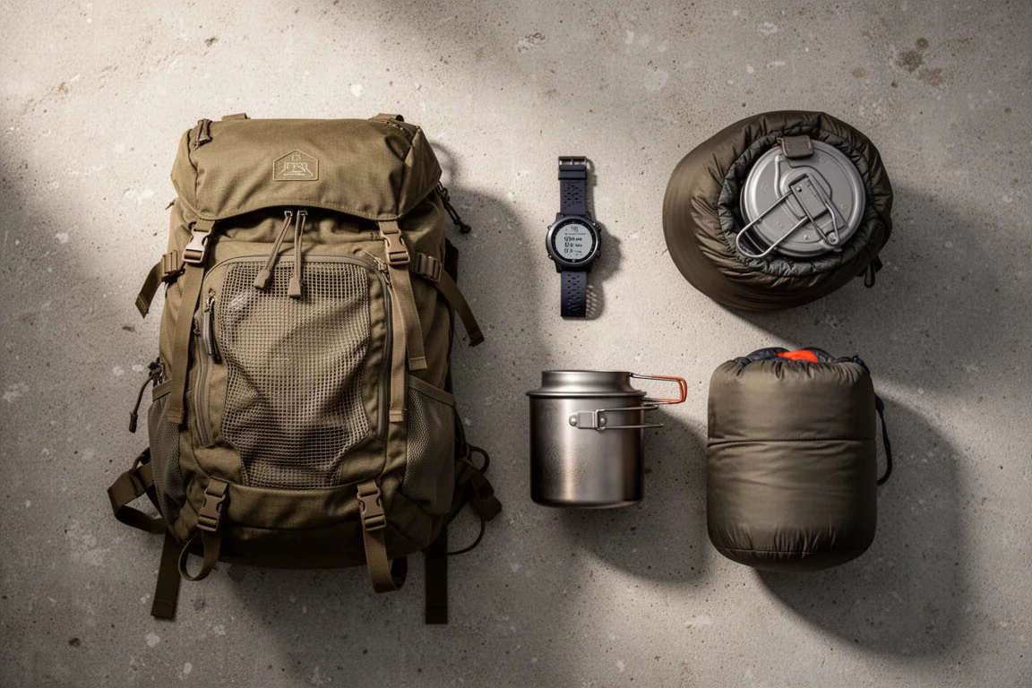 Backpacking gear flat lay with backpack, GPS watch, titanium pot, and sleeping bag on concrete