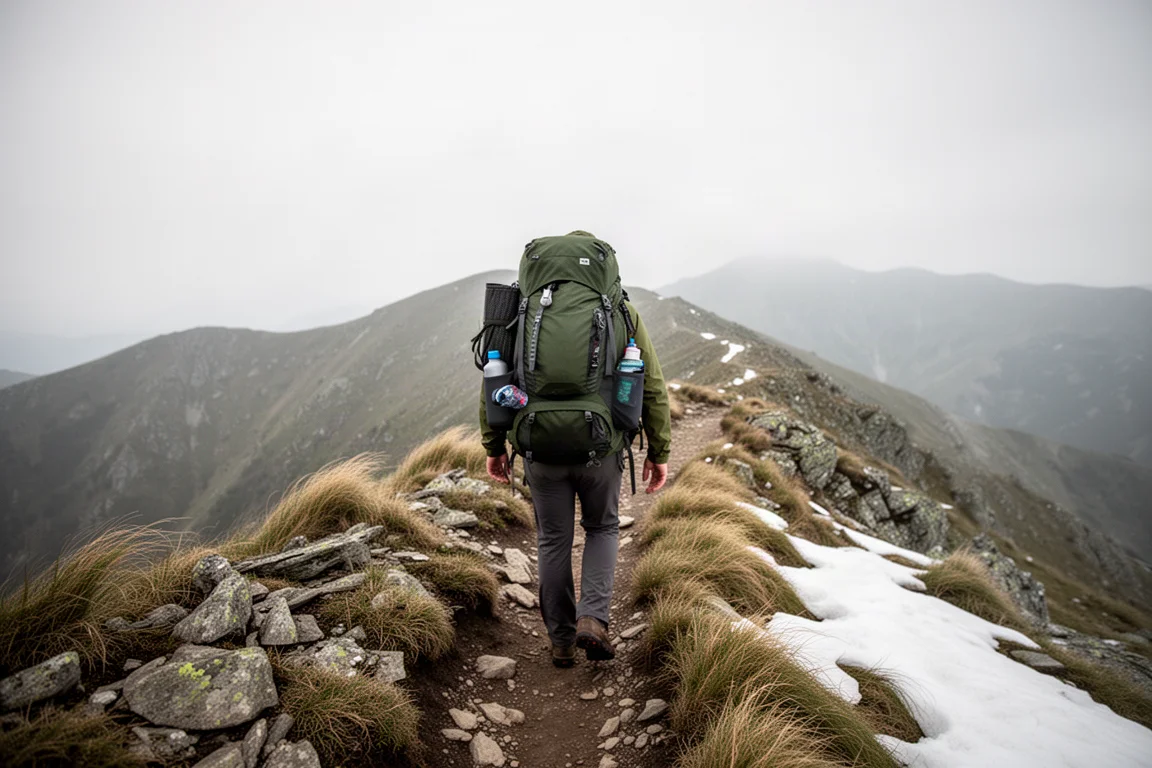 Wanderer mit großem beladenem Rucksack beim Aufstieg auf einen felsigen Gratweg oberhalb der Baumgrenze
