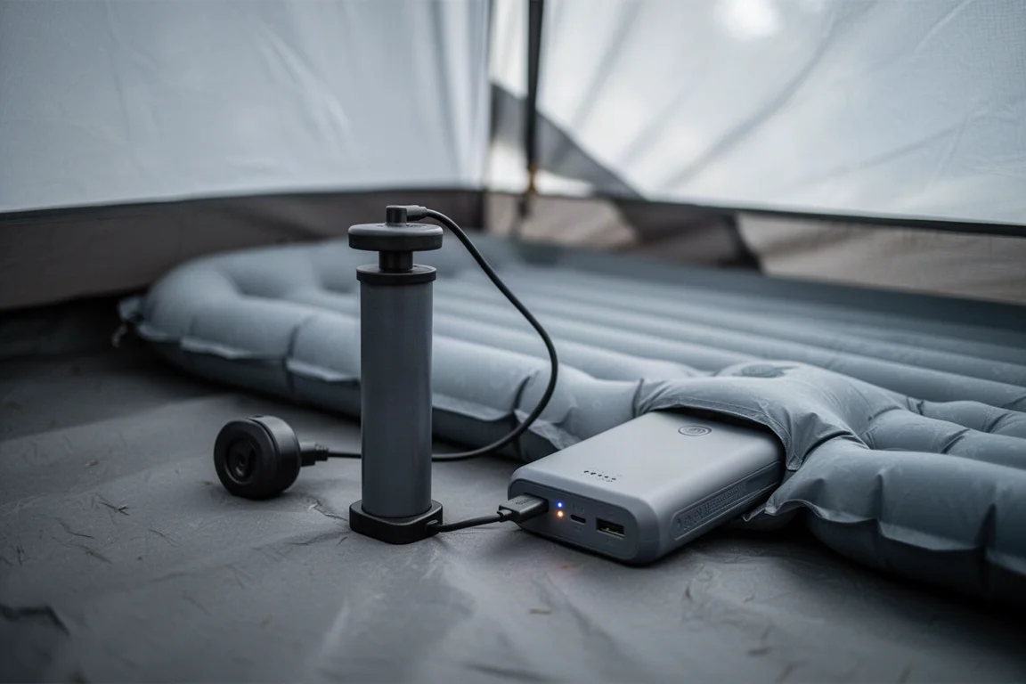 Kleine Aufblaspumpe, an eine Powerbank angeschlossen, neben einer Isomatte in einem Zelt