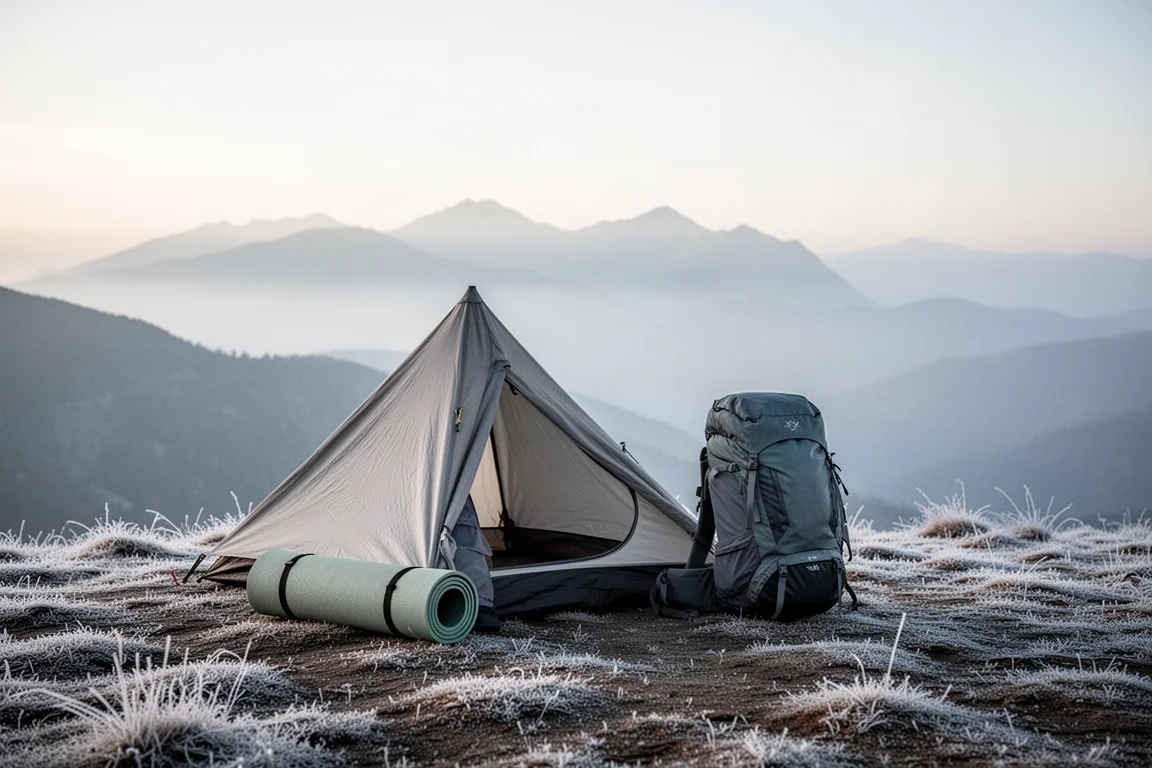 Kleines Zelt, aufgerollte Isomatte und Rucksack auf einem frostigen Hochgrat-Camp im Morgengrauen
