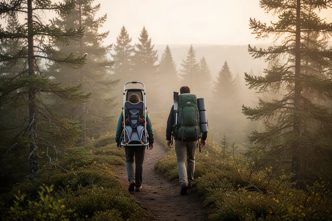 Zwei Wanderer mit Kindertrage und großem Rucksack auf einem nebligen Waldkammweg