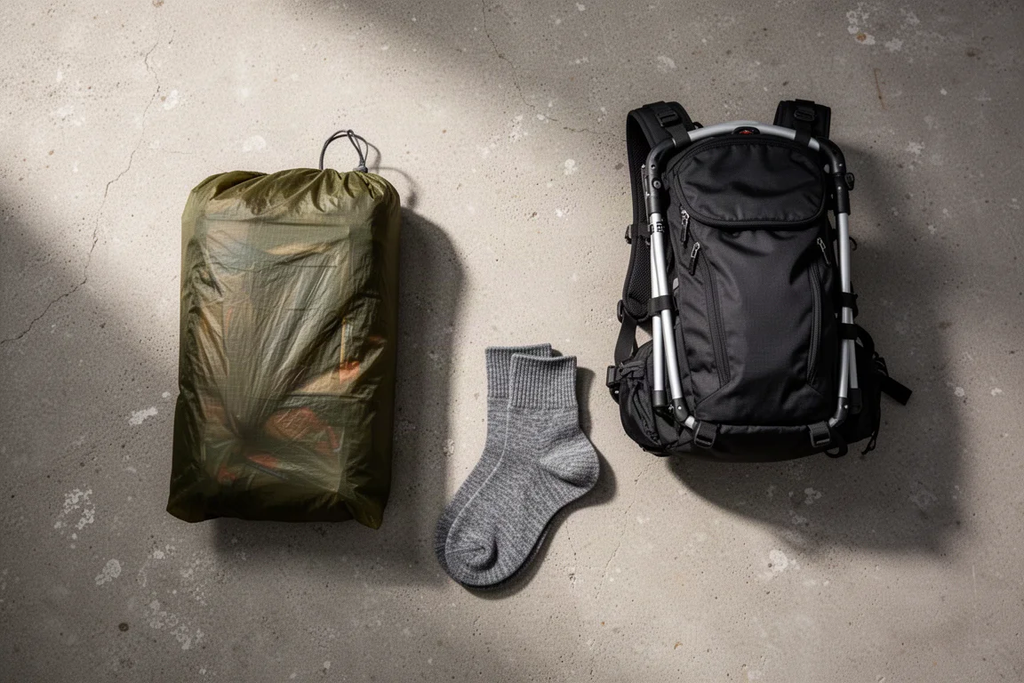 Ultralight tent, framed child carrier and grey merino ankle socks arranged on concrete