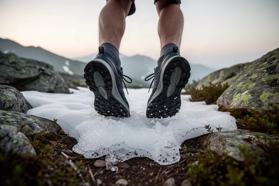Scarpe da trail running di un escursionista che attraversano un piccolo nevaio su un sentiero alpino