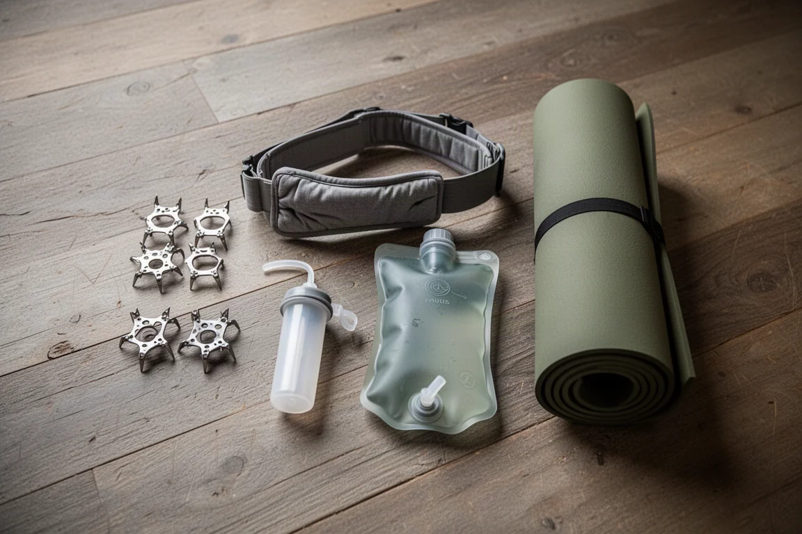 Flat-lay dall'alto di attrezzatura da backpacking ordinata su un pavimento in legno usurato