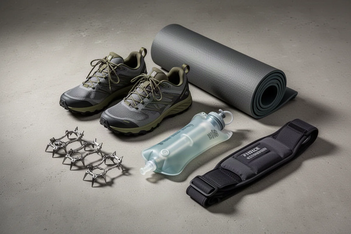 Flat-lay of lightweight backpacking gear on concrete including cleats, trail shoe and filters