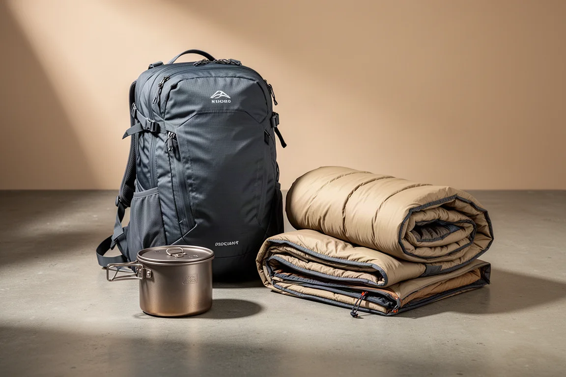 Backpack, titanium pot, sleeping bag and folded tent arranged on concrete