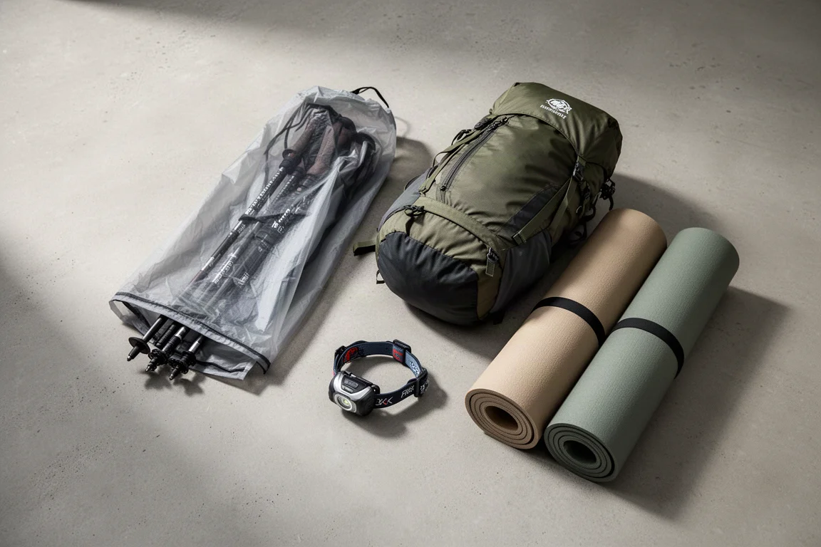 Flat-lay of ultralight backpacking gear on a concrete surface