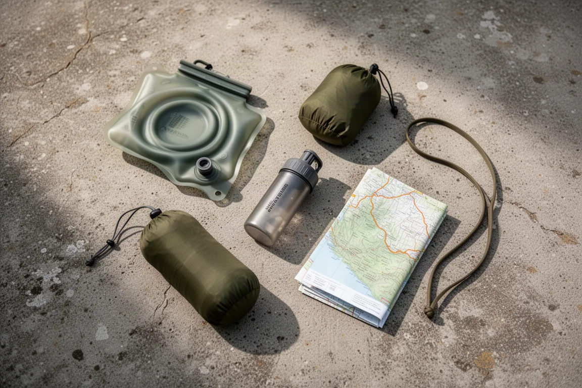 Zdjęcie z góry ultralekkiego sprzętu backpackingowego rozłożonego na zwietrzałym betonie