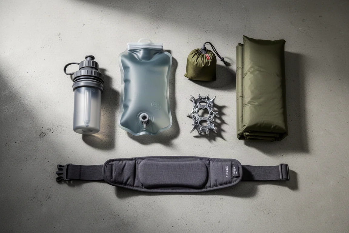 Backpacking gear flat-lay with traction cleats, sleeping pad, water filter and bladder on concrete