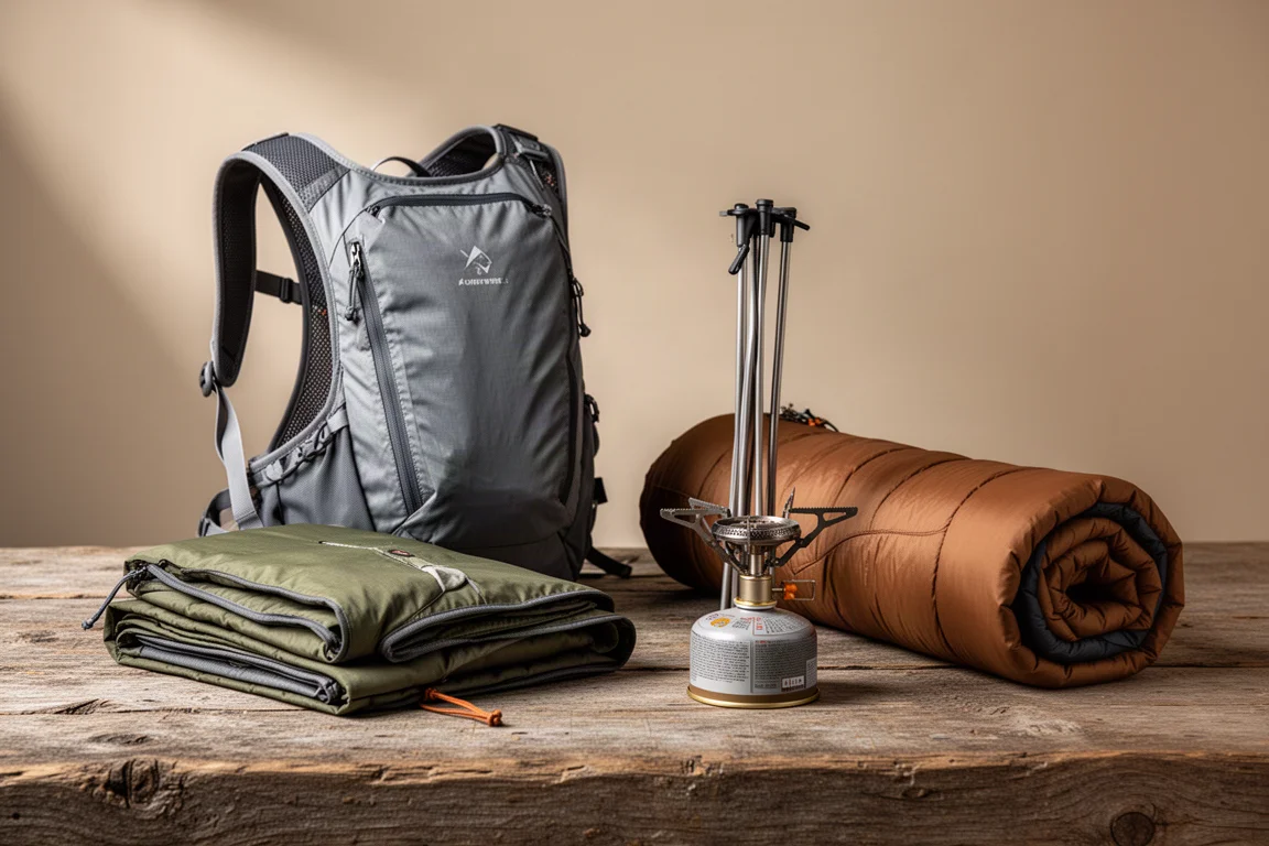 Ultralight backpack, two-person tent, canister stove, and sleeping bag arranged on a wooden surface