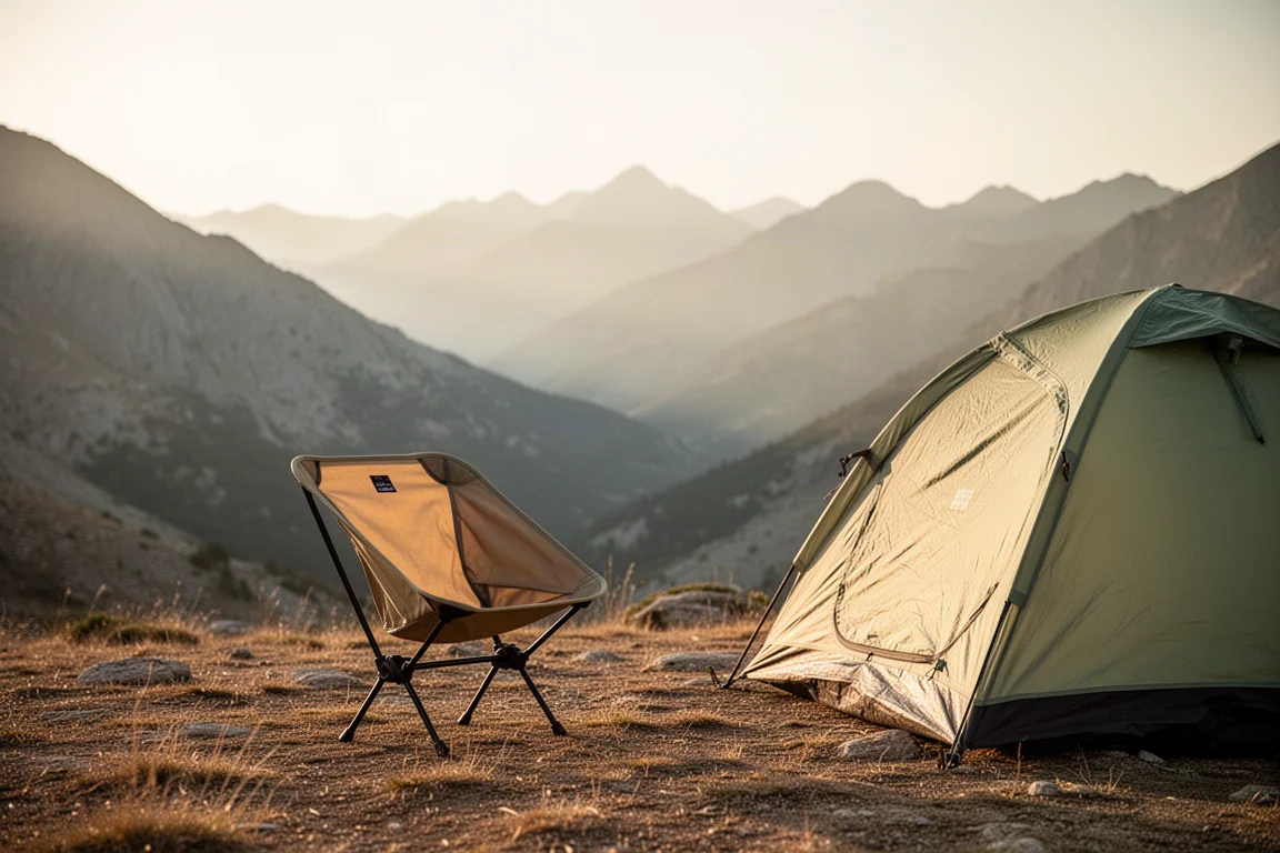 Pequeña silla de campamento ultraligera junto a una tienda en una cresta alpina a la hora dorada