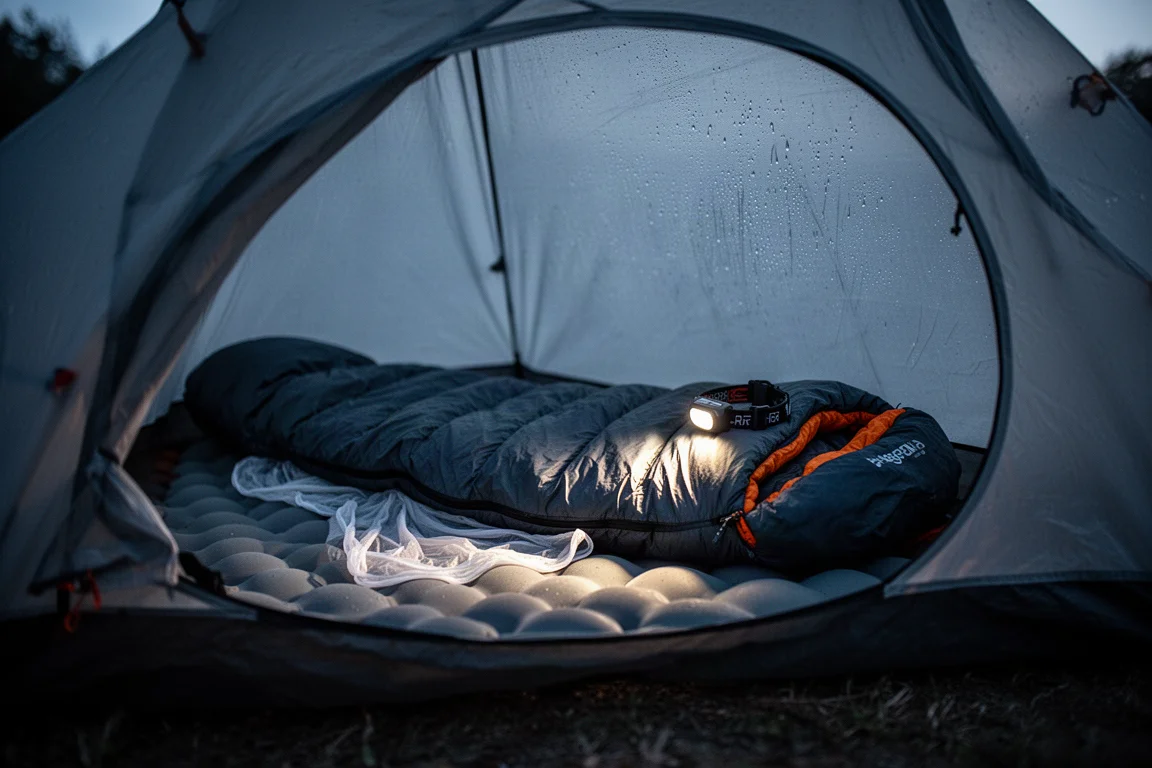 Interior de una tienda de mochilero al atardecer con saco de dormir y forro sobre una colchoneta