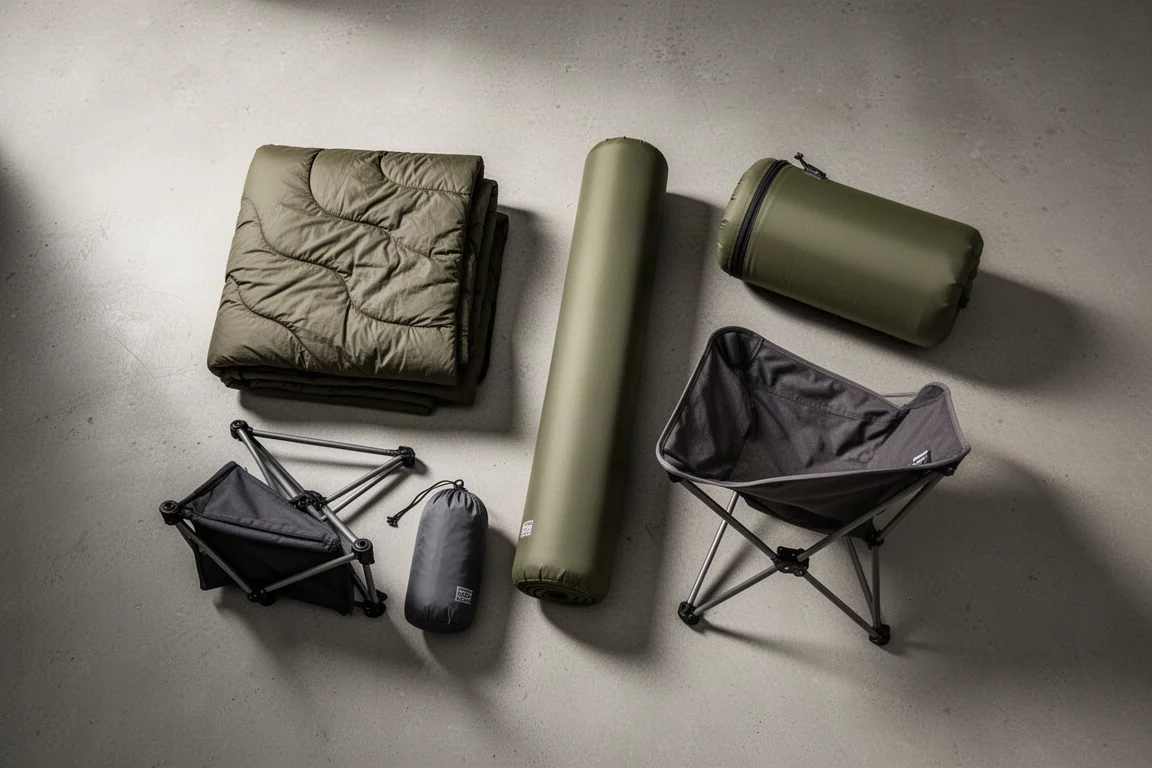 Overhead flat-lay of backpacking sleep and shelter gear on a concrete surface