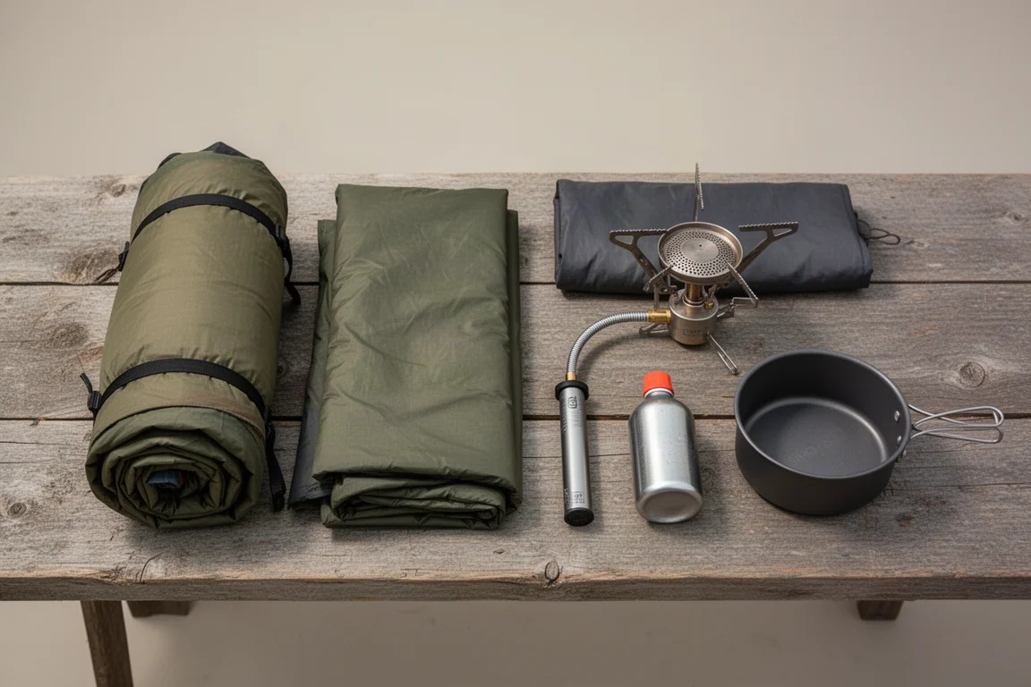 Ovanifrån platt layout av backpackingutrustning på en väderbiten träyta