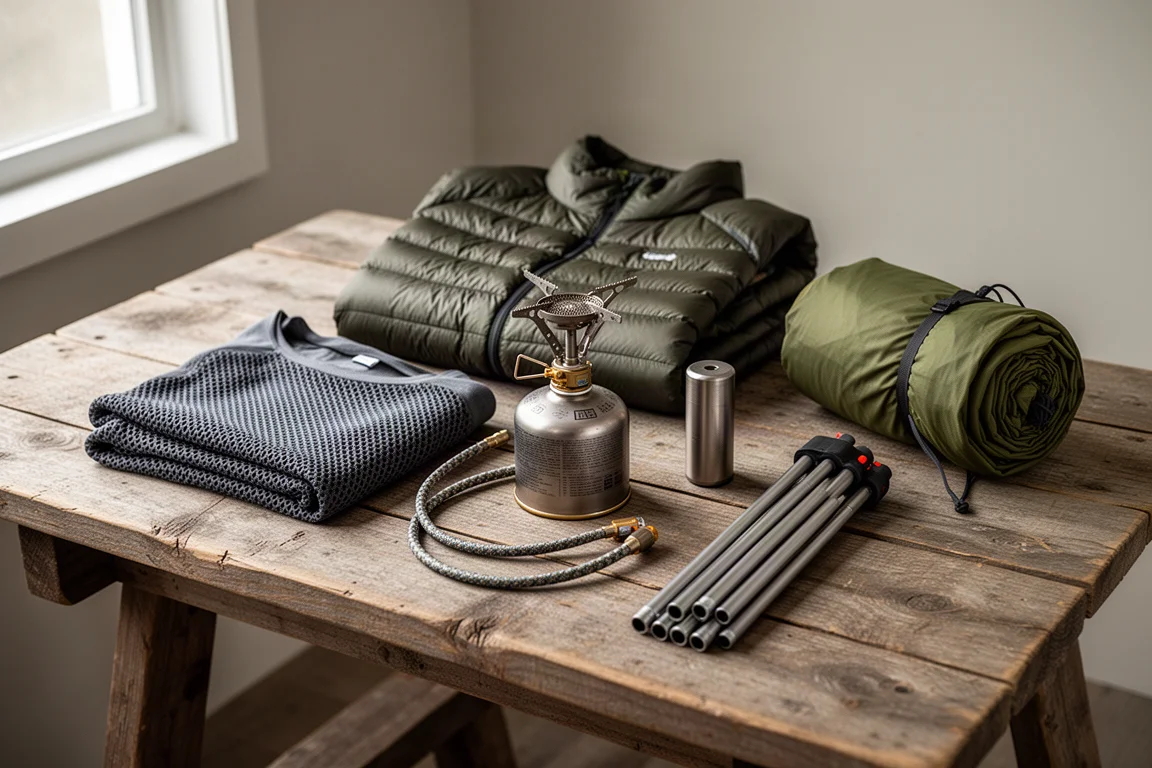 Ultralight backpacking gear arranged on a wooden table, including a mesh layer, down pullover, stove and tent