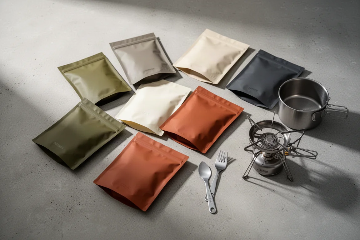 Eight unbranded backpacking meal pouches arranged with a titanium pot and camping stove on concrete