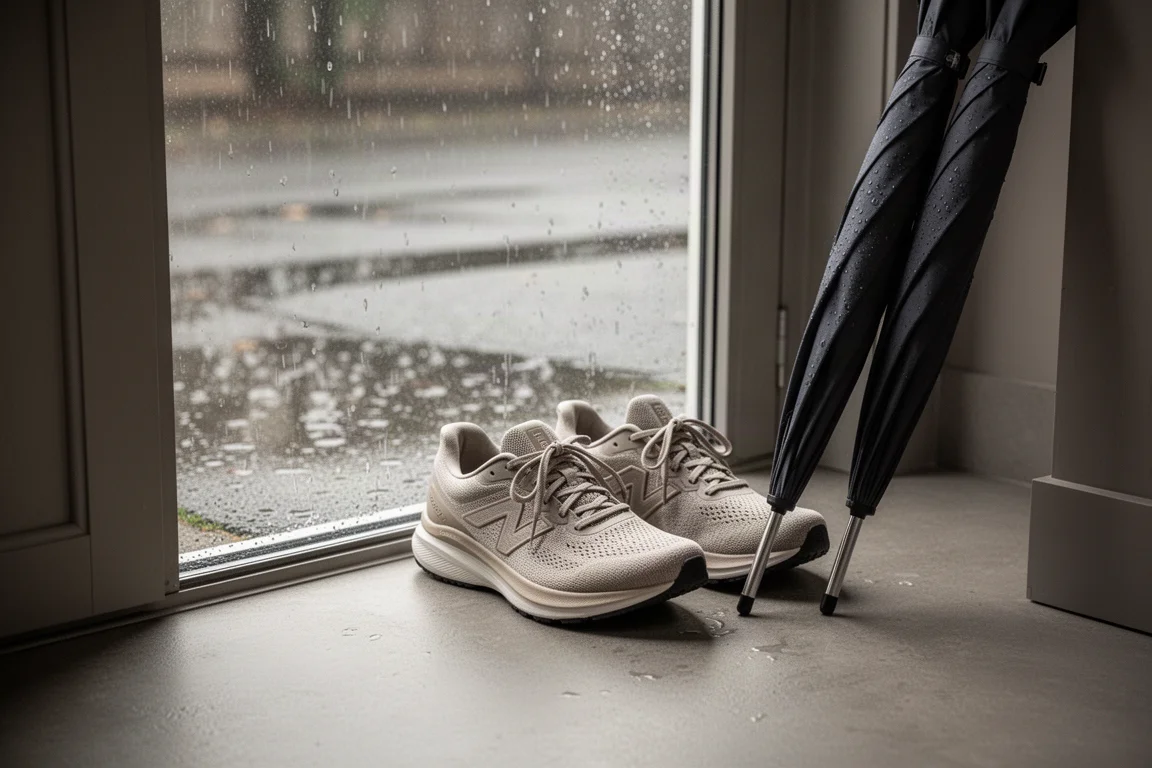 Laufschuhe an einer Tür an einem regnerischen Morgen vor dem ersten Lauf