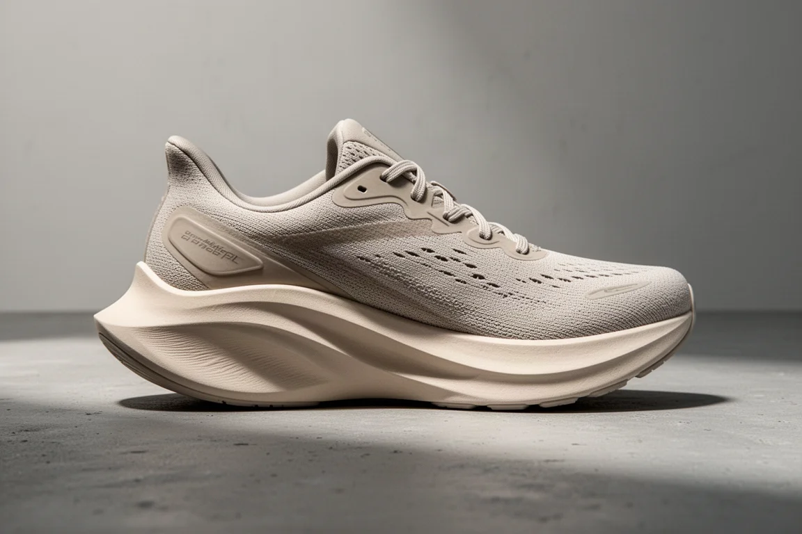 Gros plan sur une semelle intermédiaire épaisse et sculptée de chaussure de running montrant sa forme basculante