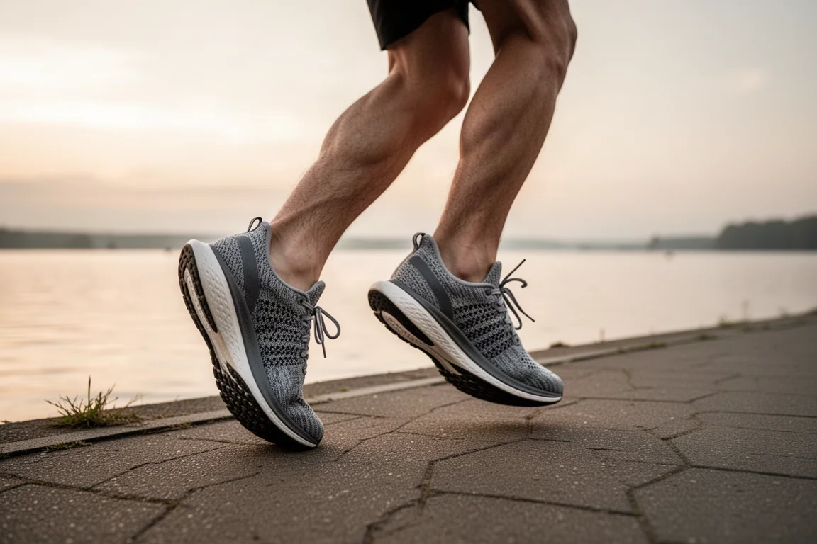 Pieds d'un coureur en chaussures de running tricotées marchant le long d'un chemin de lacot à l'aube