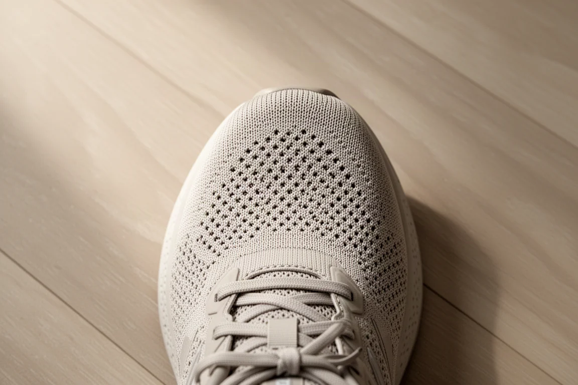 Tige tricotée d'une chaussure de running vue de dessus sur un plancher de bois