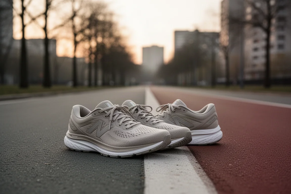 Chaussures de running posées sur le rebord d'un chemin urbain calme sous une lumière du soir douce