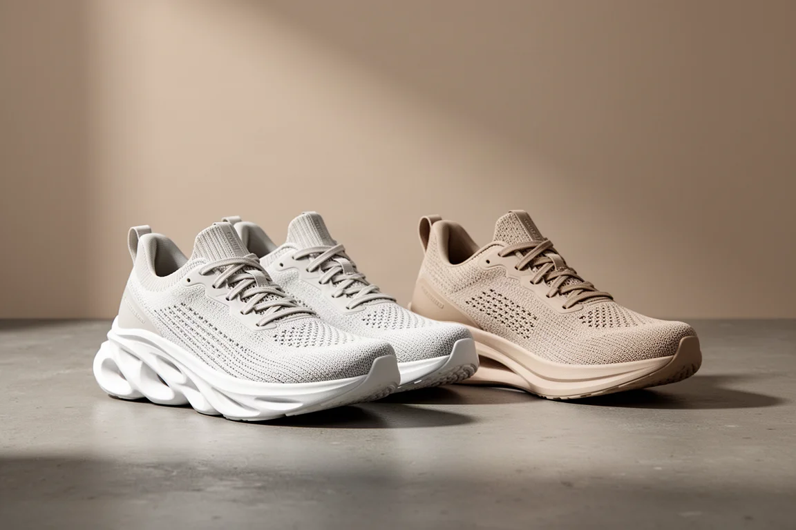 Two pairs of New Balance running shoes side by side on a concrete surface