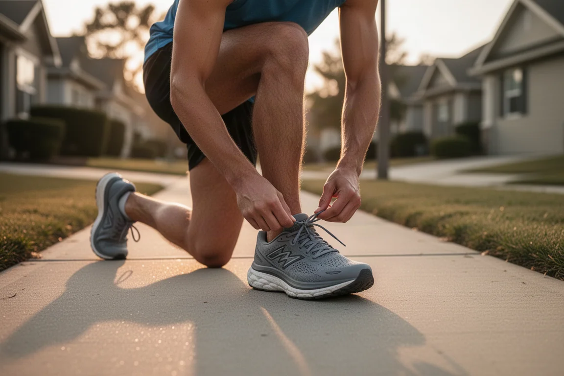 Runner lacing up a cushioned running shoe on a sidewalk before an easy morning run