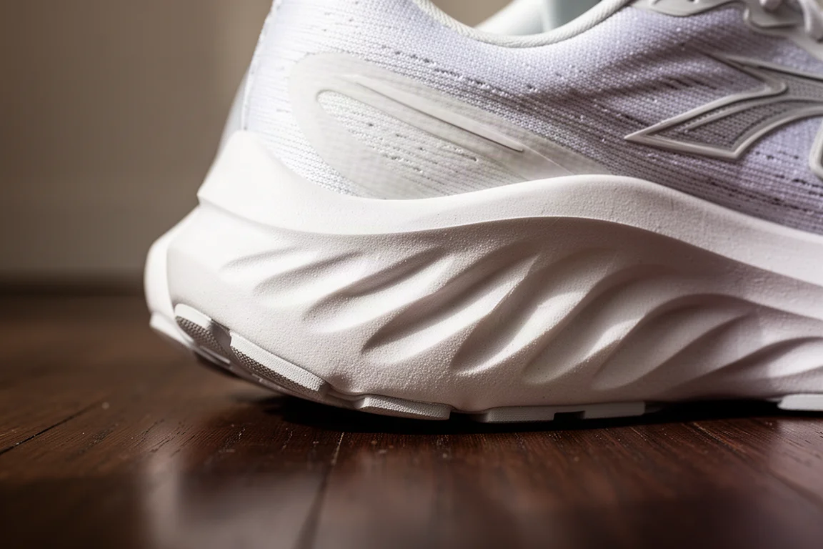 Close-up of a running shoe midsole showing compression lines after 100 miles