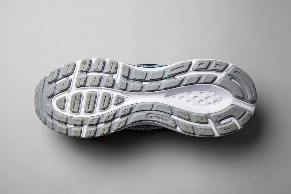 Running shoe outsole rubber showing wear patterns in high-impact areas