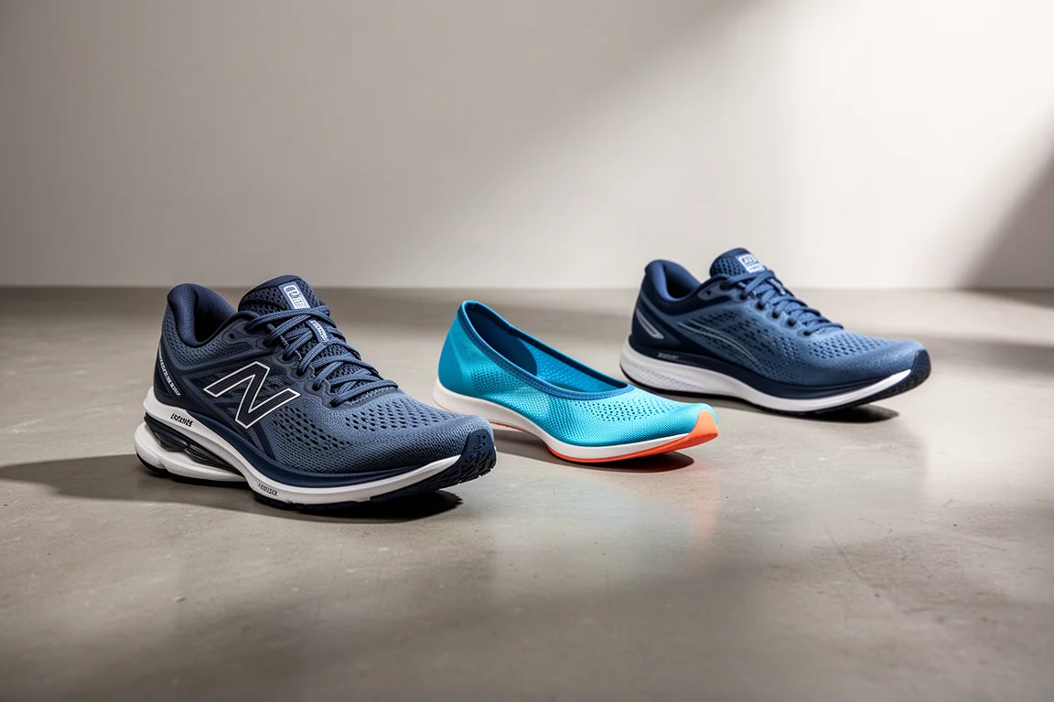 Three running shoes arranged side by side on a concrete floor