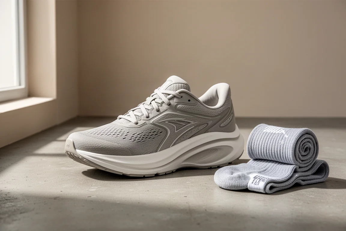 Scarpa da running New Balance ammortizzata di colore grigio su una superficie in cemento