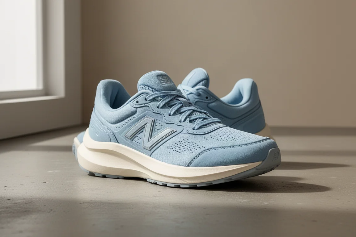 Baby blue running shoe with cream midsole on a matte concrete surface